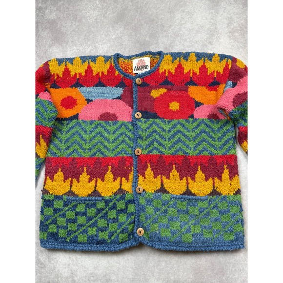Amano Sweaters - VTG AMANO Hand Knit 100% Wool Cardigan Sweater OS Made Bolivia Folk Art Floral